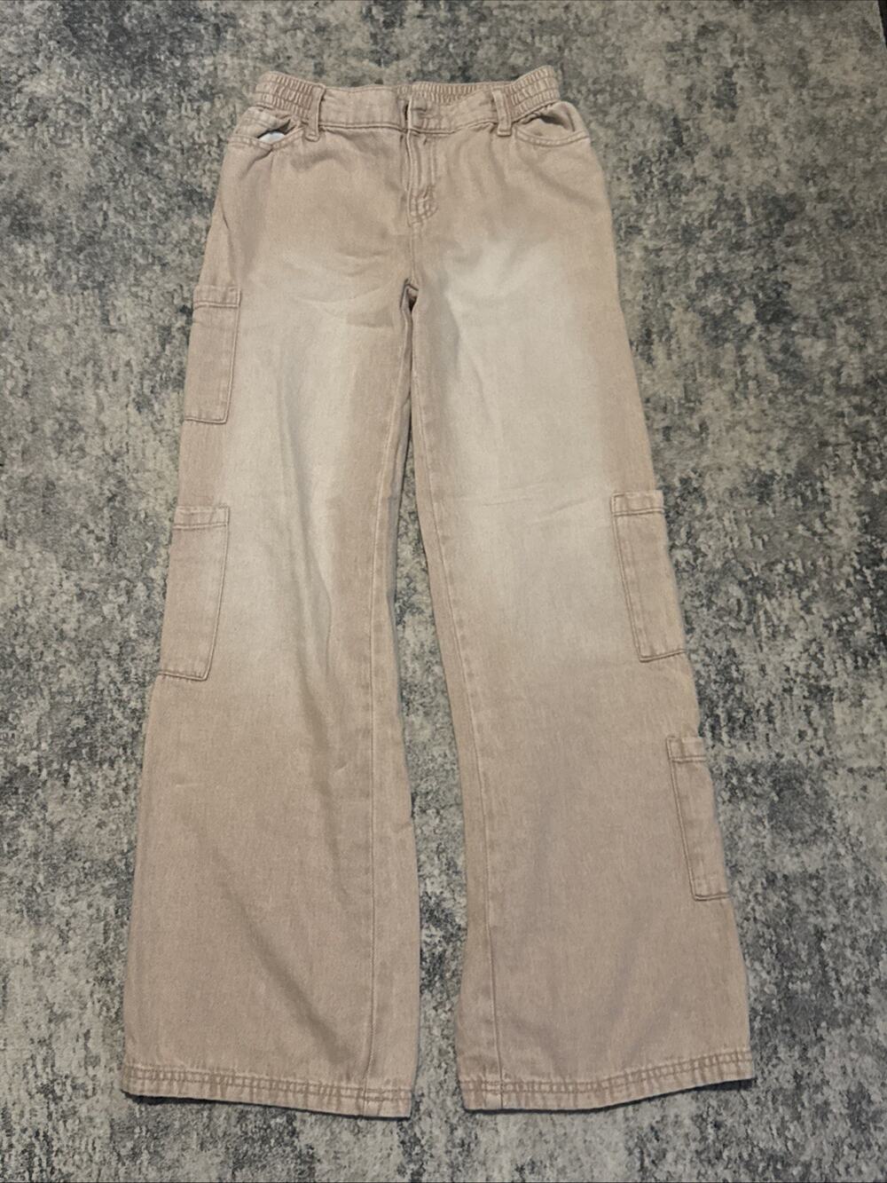 Justice Girls Beige Wide-Leg Cotton Denim Cargo Jeans w/ Pockets; Size 16